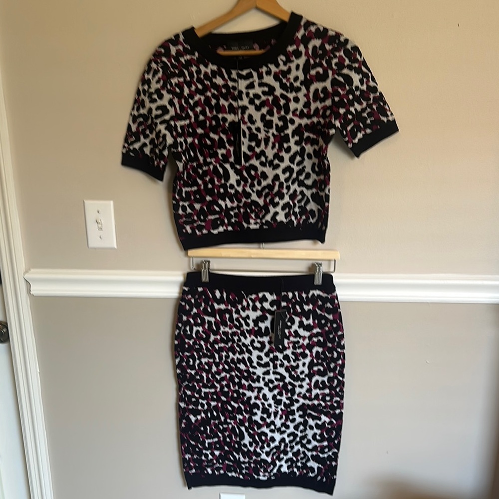 Romeo & Juliet Couture Black and Pink Leopard Print Sweater & Skirt Set